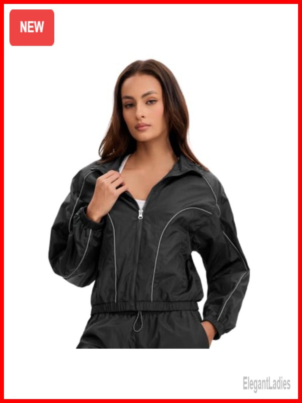 Women's Cropped Zip Up Athletic Track Jacket Reflective Piping Lightweight